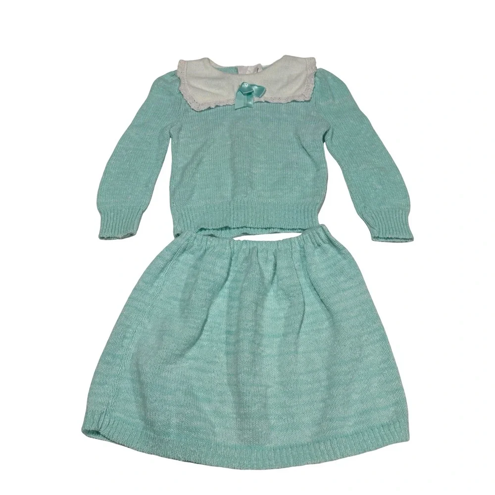 Vintage Honey Bug Kids Mint Green Knit Sweater and Skirt Set Made in USA